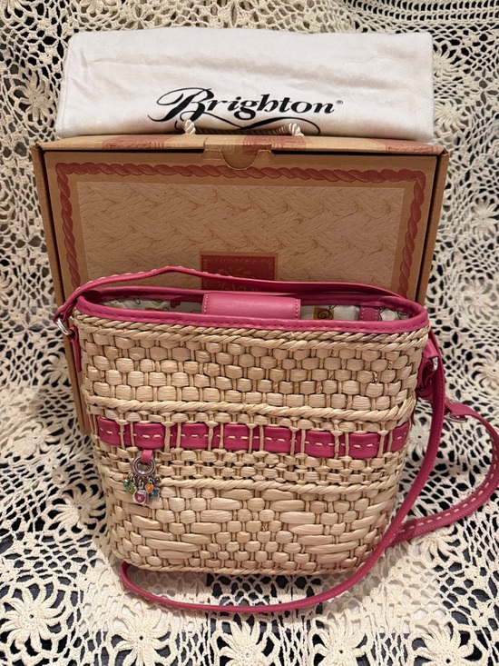 Brighton Handbags - Brighton Natural Woven Crossbody with Pink Trim
